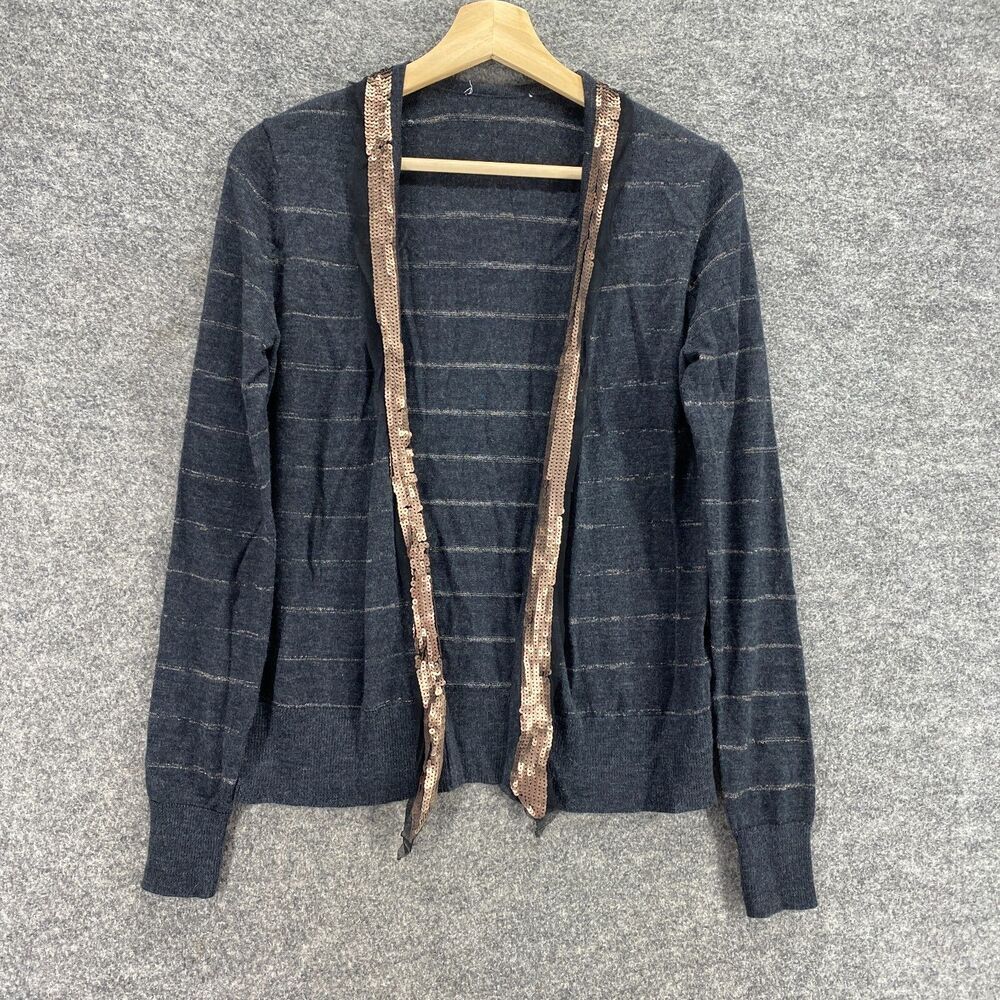 Unbranded Cardigan Women M Medium Gray Striped  Sequin Wool Knit Open Front